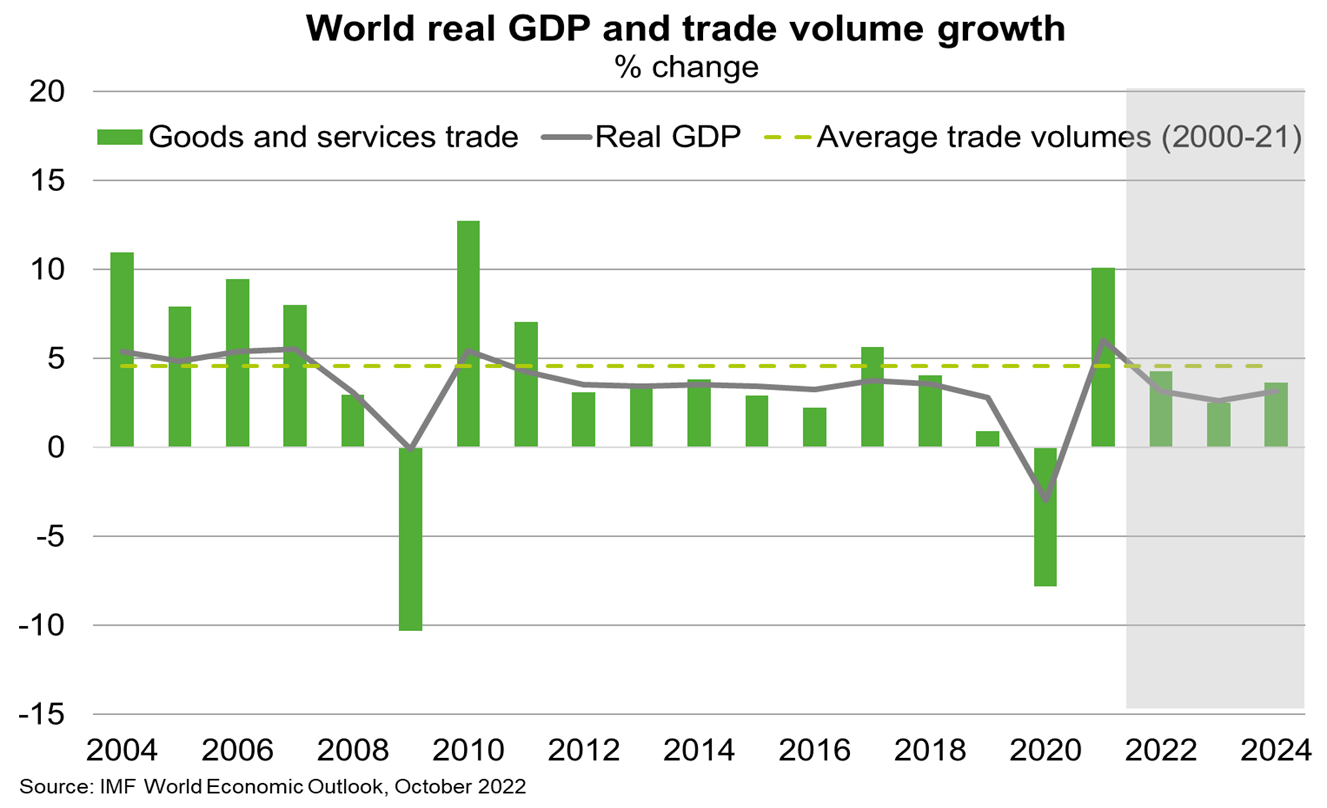 Chart shows read GDP and trade volume growth by % in change from 2004 to 2024. It shows goods and services trade, real GDP and average trade volumes (2000-21). Refer to text above.